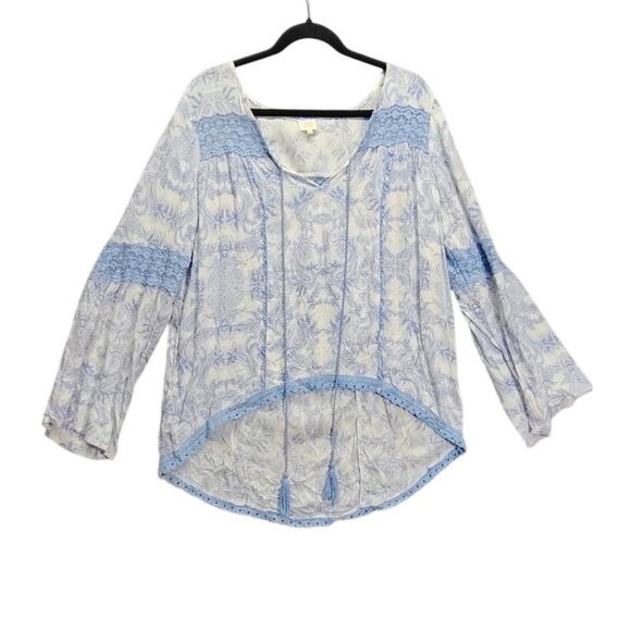 Surf Gypsy Boho Womens Shirt Size Medium Bell Sleeve Paisley Tassel Blue Vintage - Picture 1 of 8